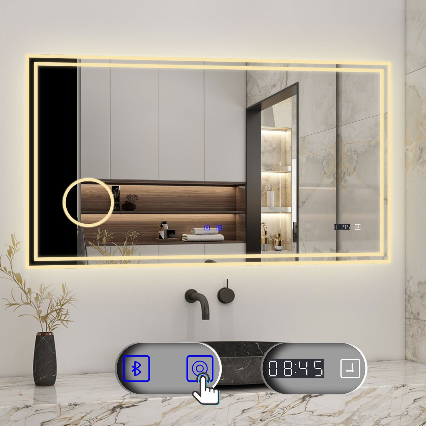 Badspiegel mit Beleuchtung 100x60cm LED Wandspiegel mit Bluetooth, Uhr,Touch und 3x Vergrößernder Kosmetikspiegel,Badezimmerspiegel Beschlagfrei 3 Lichtfarbe 2700-6500K Dimmbar,IP44