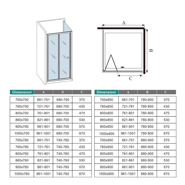 Eckdusche mit Falttür und fester Seitenwand – 185cm in Hochglanz Chrom mit 5mm ESG Klarglas