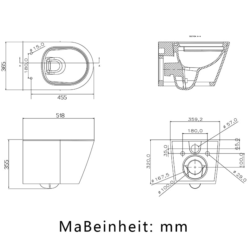 Kompakte wandhängende WC-Toilette 51,8×36,5×35,5cm - Spülrandlos mit Soft-Close