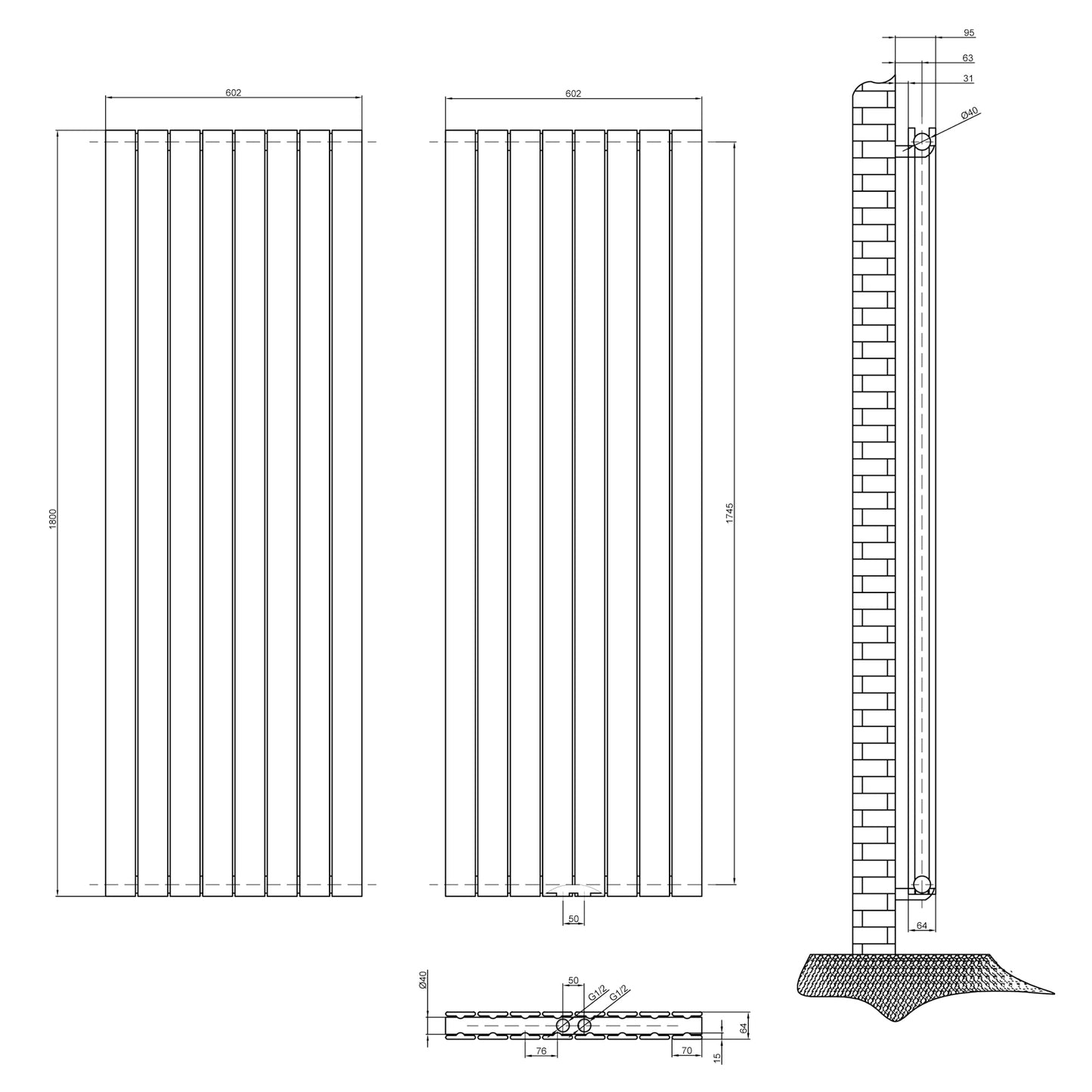 Design heizkörper flach 1800x602mm weiss Doppellagig