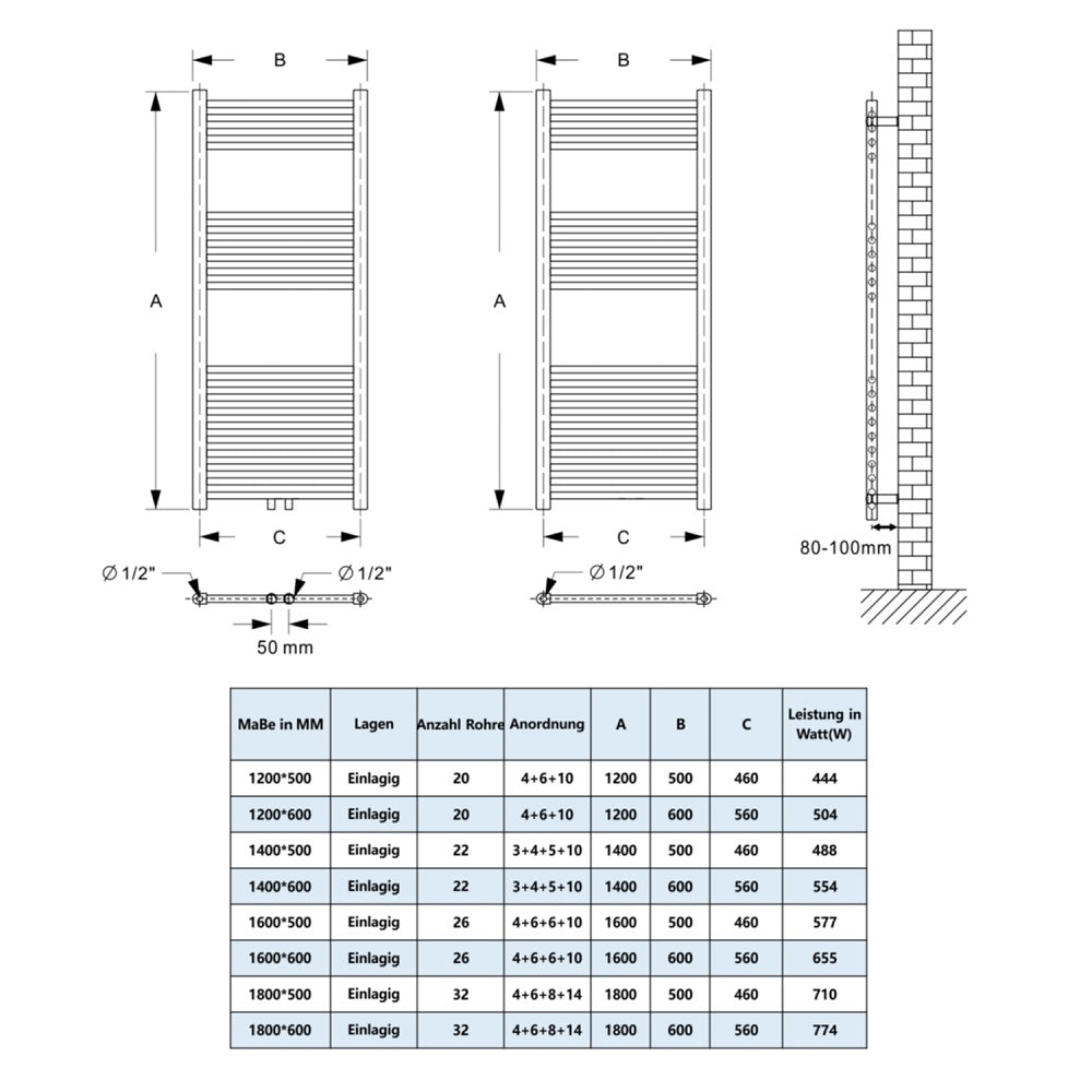 Badheizkörper Seitenanschluss Heizkörper Handtuchtrockner Weiß/Anthrazit Gerade
