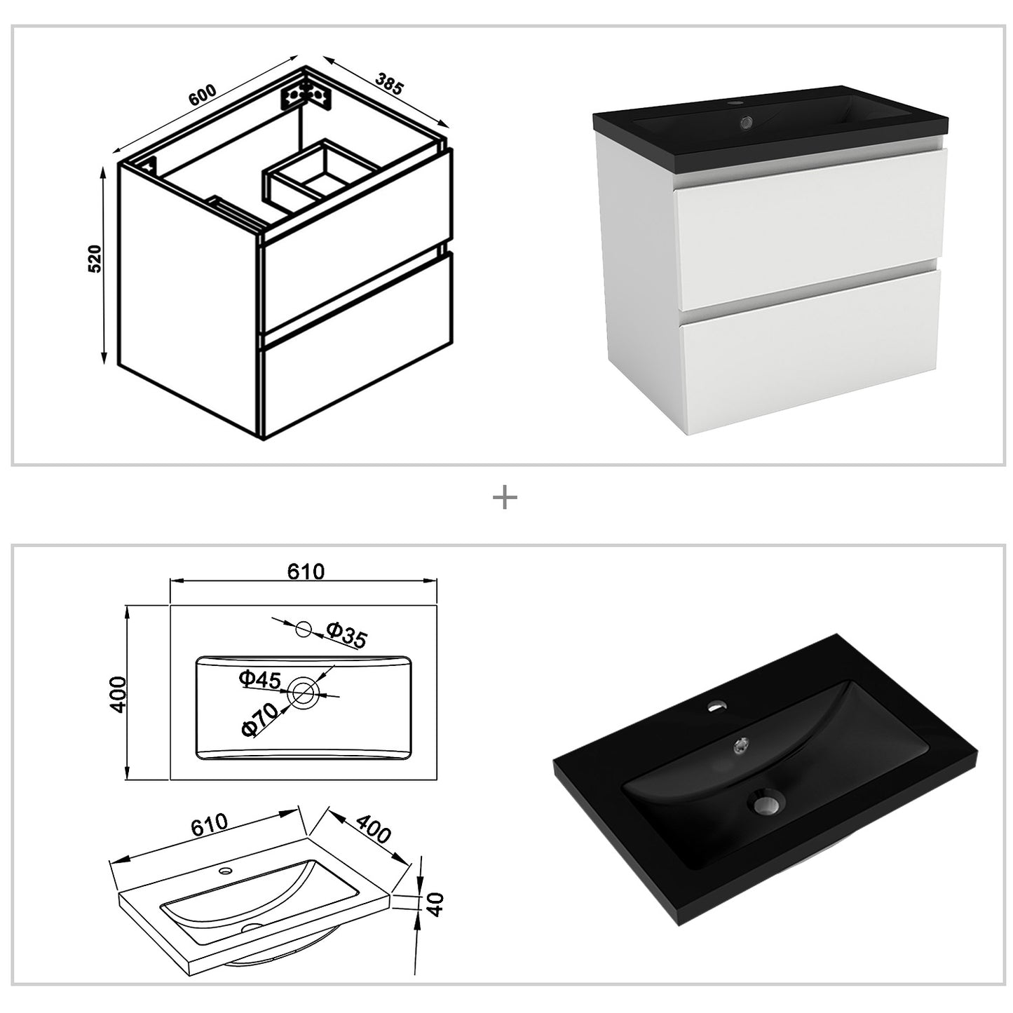 Waschtisch mit Unterschrank 60 cm Badmöbel Set mit Waschbecken Gäste WC Weiß Matt