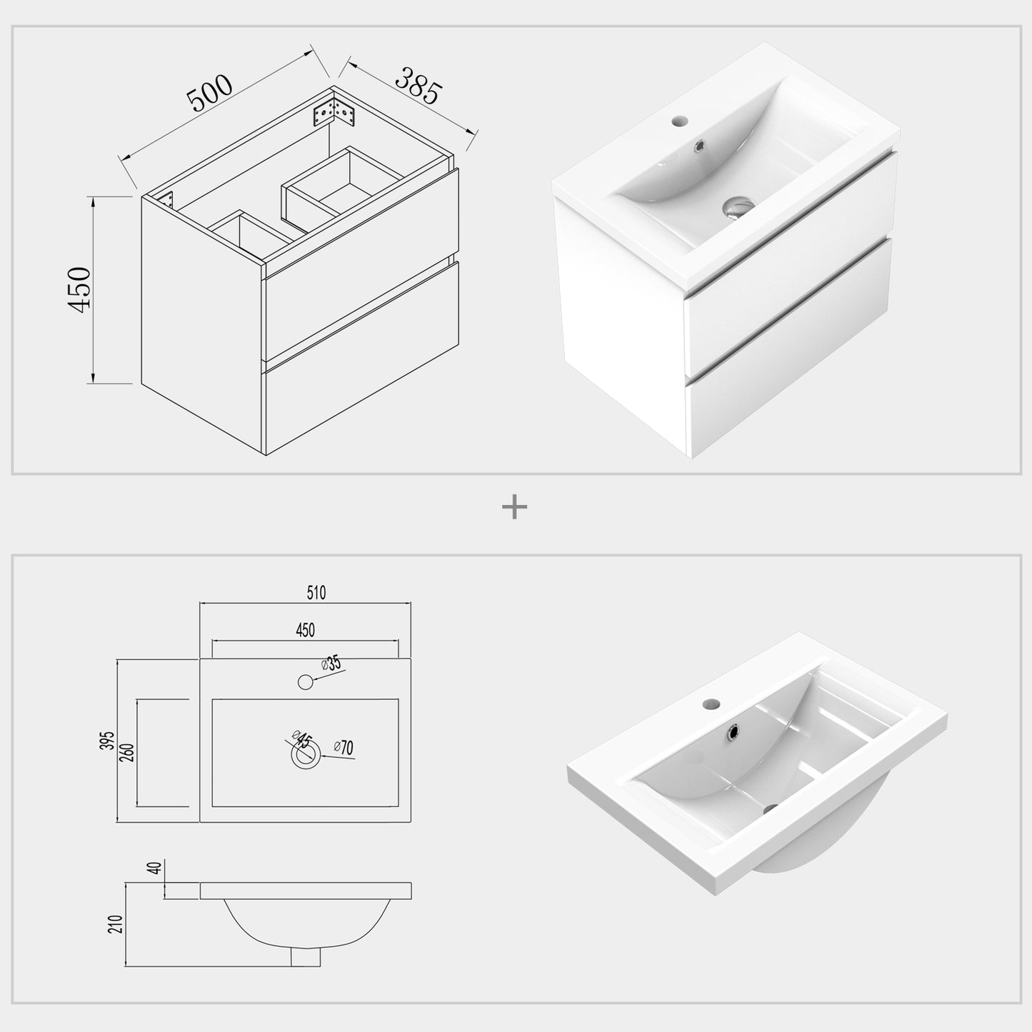 Badmöbel Set CARMEN 50 cm Weiß Waschbecken mit Unterschrank Waschtisch Keramikbecken
