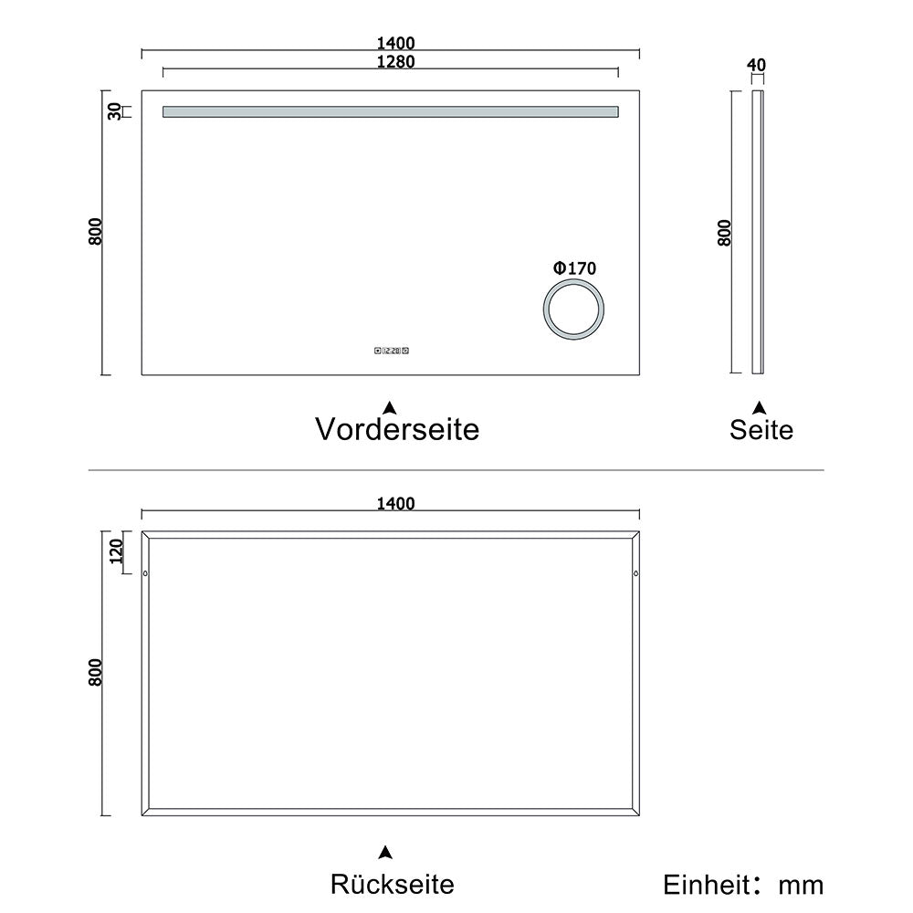 LED Badspiegel 80 -140 cm Wandspiegel mit Uhr, Touch, Beschlagfrei,3-Fach Vergrößerung Schminkspiegel IP44 Kaltweiß energiesparend