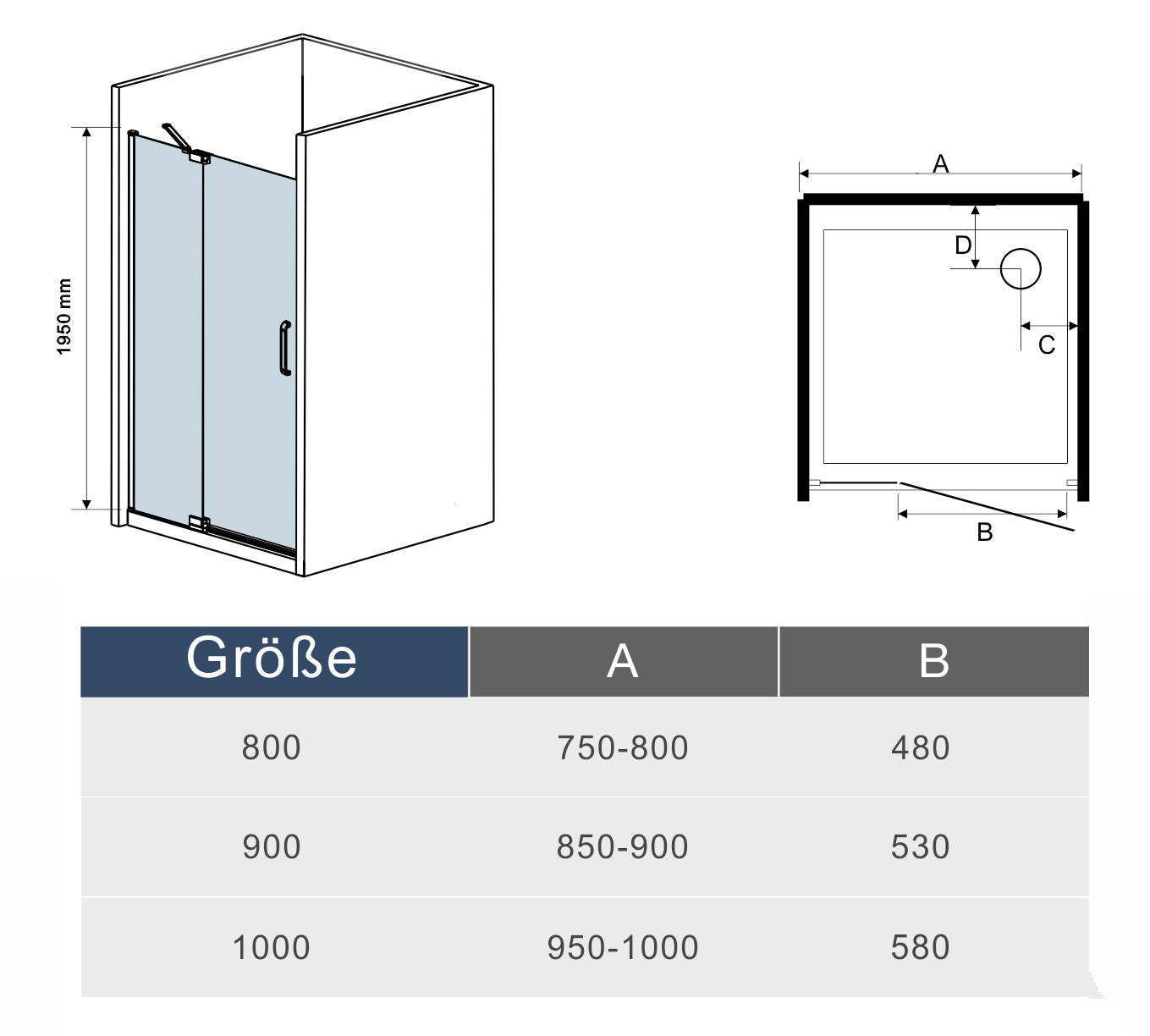 Duschtür Drehtür mit Festteil 100 cm Nische Dusche 8mm NANO Glas H.195 cm