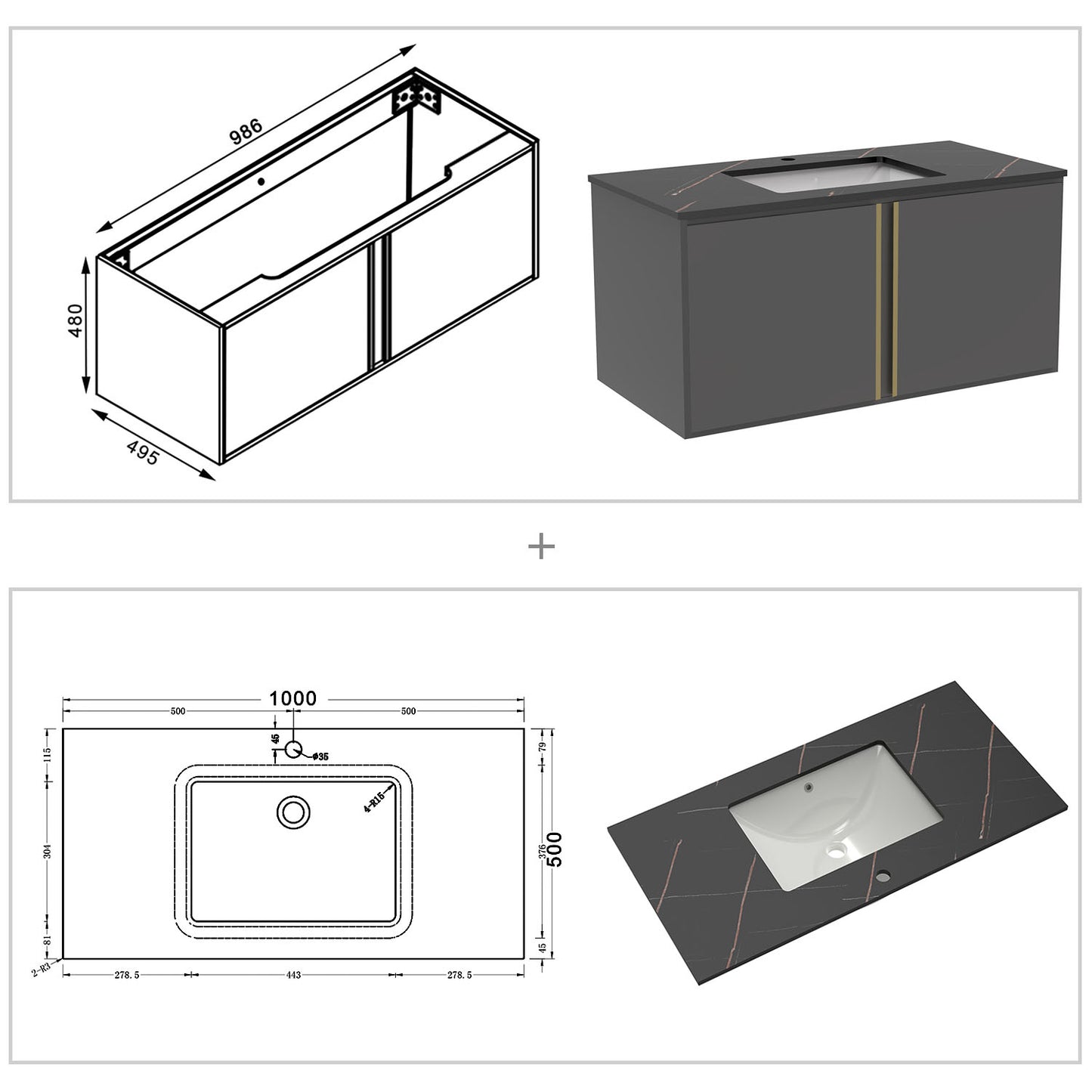 60/80/100 cm Badmöbel Set Felsplatte Waschtisch mit Unterschrank Dunkelgrau