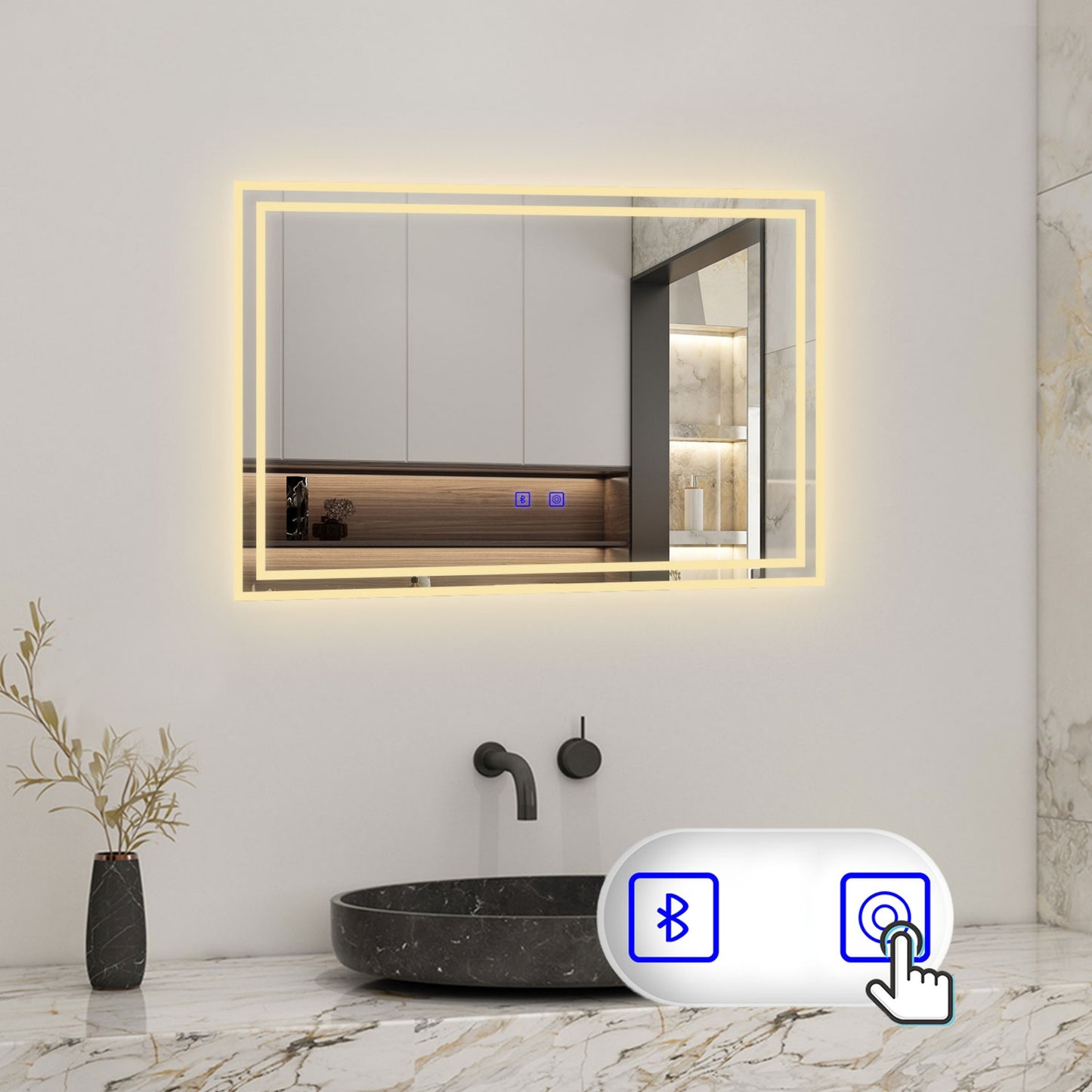 Badspiegel mit Beleuchtung 70x50cm LED Wandspiegel mit Touch und Bluetooth,Badezimmerspiegel Beschlagfrei 3 Lichtfarbe 2700-6500K Dimmbar,IP44
