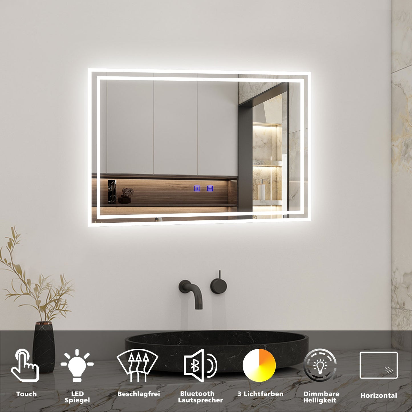 Badspiegel mit Beleuchtung 70x50cm LED Wandspiegel mit Touch und Bluetooth,Badezimmerspiegel Beschlagfrei 3 Lichtfarbe 2700-6500K Dimmbar,IP44