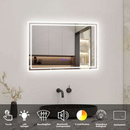 Badspiegel mit Beleuchtung 70x50cm LED Wandspiegel mit Touch und Bluetooth,Badezimmerspiegel Beschlagfrei 3 Lichtfarbe 2700-6500K Dimmbar,IP44
