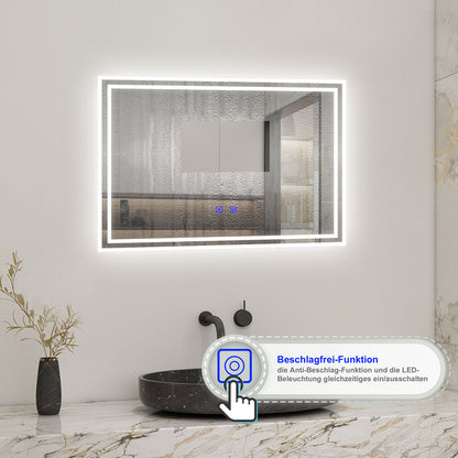 Badspiegel mit Beleuchtung 70x50cm LED Wandspiegel mit Touch und Bluetooth,Badezimmerspiegel Beschlagfrei 3 Lichtfarbe 2700-6500K Dimmbar,IP44
