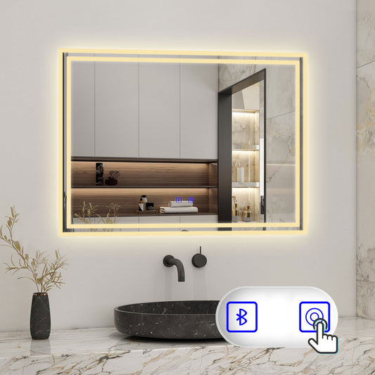 Badspiegel mit Beleuchtung 80x60cm LED Wandspiegel mit Touch und Bluetooth,Badezimmerspiegel Beschlagfrei 3 Lichtfarbe 2700-6500K Dimmbar,IP44