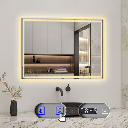 Badspiegel mit Beleuchtung 100x60cm LED Wandspiegel mit Touch,Bluetooth und Uhr,Badezimmerspiegel Beschlagfrei 3 Lichtfarbe 2700-6500K Dimmbar,IP44