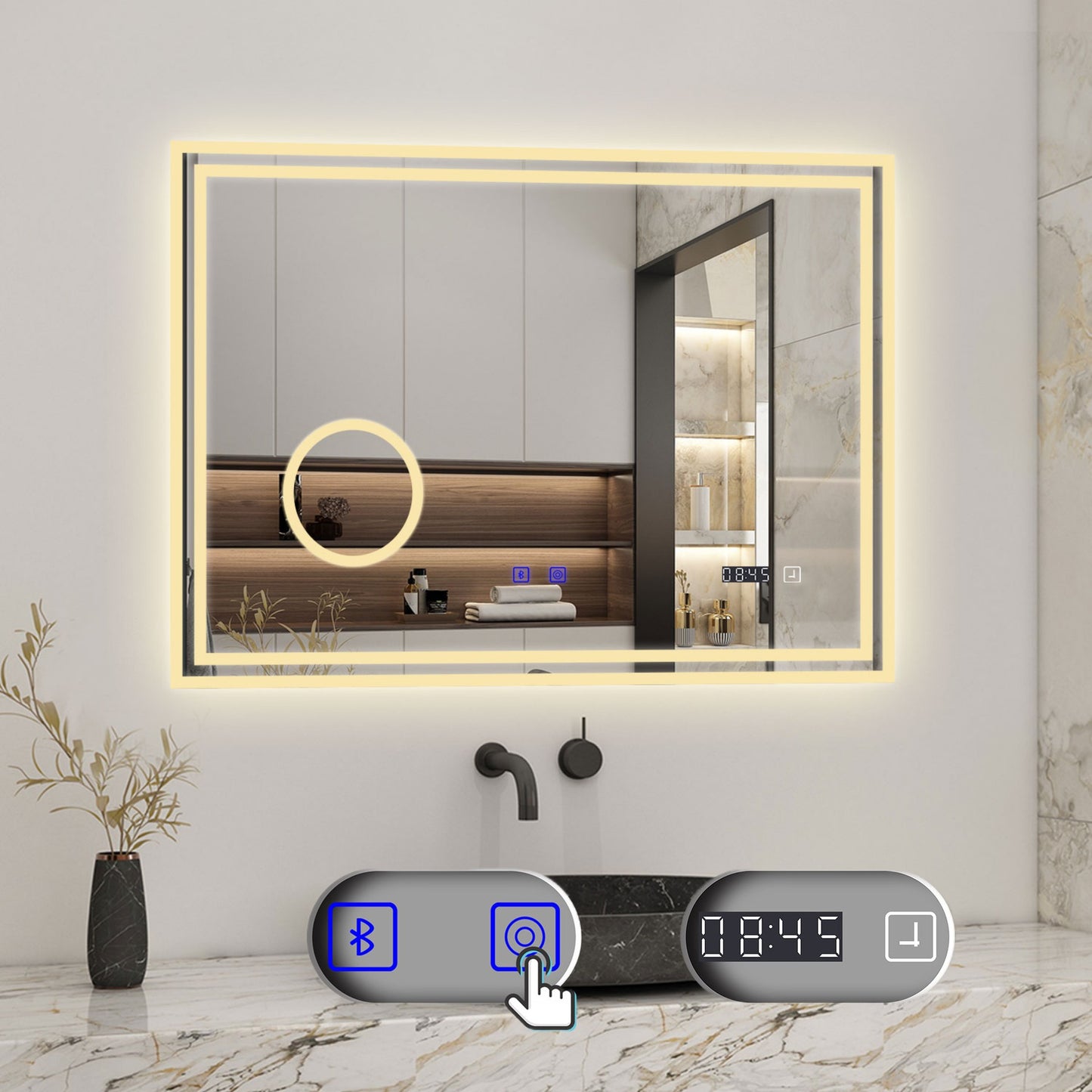 Badspiegel mit Beleuchtung 100x60cm LED Wandspiegel mit Bluetooth, Uhr,Touch und 3x Vergrößernder Kosmetikspiegel,Badezimmerspiegel Beschlagfrei 3 Lichtfarbe 2700-6500K Dimmbar,IP44