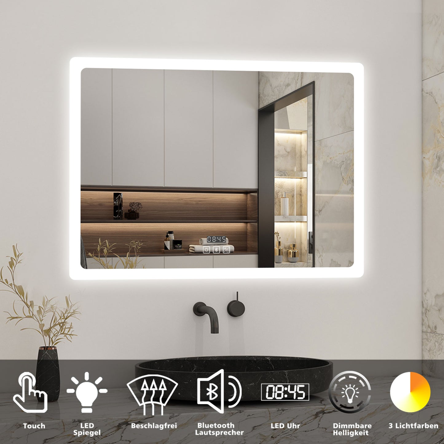 70x50cm LED Badspiegel mit Bluetooth und Uhr,Badspiegel mit Beleuchtung,Touch,Beschlagfrei,Badezimmerspiegel mit 3 Lichtfarbe 2700-6500K Dimmbar,IP44