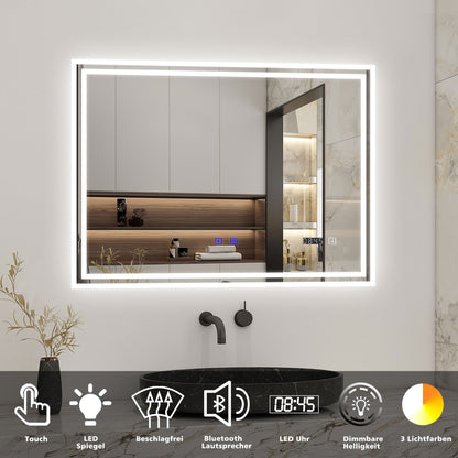 Badspiegel mit Beleuchtung 80x60cm LED Wandspiegel mit Touch,Bluetooth und Uhr,Badezimmerspiegel Beschlagfrei 3 Lichtfarbe 2700-6500K Dimmbar,IP44