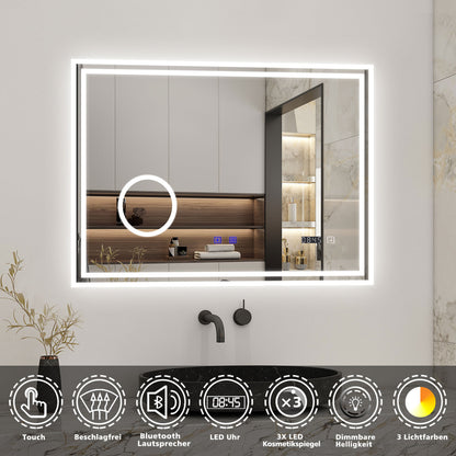 Badspiegel mit Beleuchtung 100x60cm LED Wandspiegel mit Bluetooth, Uhr,Touch und 3x Vergrößernder Kosmetikspiegel,Badezimmerspiegel Beschlagfrei 3 Lichtfarbe 2700-6500K Dimmbar,IP44