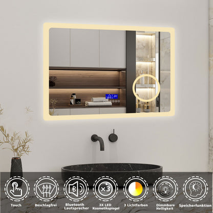 100x60cm LED Badspiegel mit Bluetooth,Touch und 3x Vergrößernder Kosmetikspiegel,Badspiegel mit Beleuchtung,Beschlagfrei,Badezimmerspiegel mit 3 Lichtfarbe 2700-6500K Dimmbar,IP44