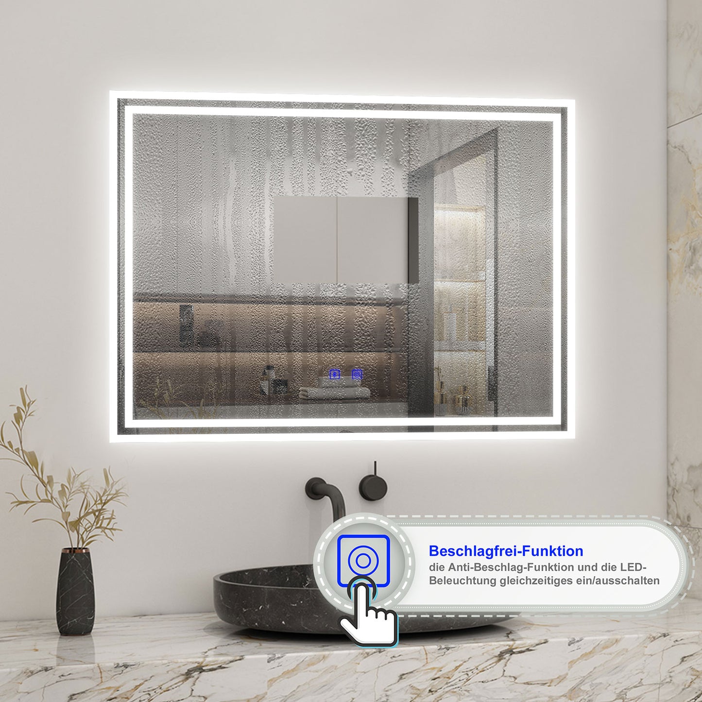 Badspiegel mit Beleuchtung 80x60cm LED Wandspiegel mit Touch und Bluetooth,Badezimmerspiegel Beschlagfrei 3 Lichtfarbe 2700-6500K Dimmbar,IP44