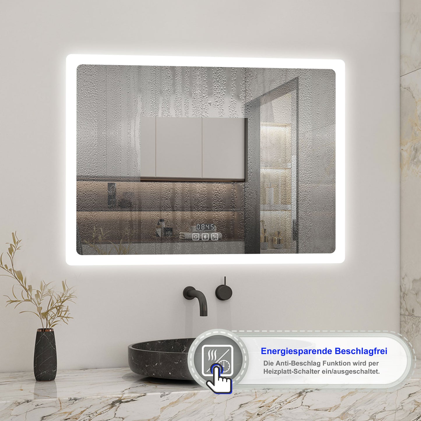 70x50cm LED Badspiegel mit Bluetooth und Uhr,Badspiegel mit Beleuchtung,Touch,Beschlagfrei,Badezimmerspiegel mit 3 Lichtfarbe 2700-6500K Dimmbar,IP44