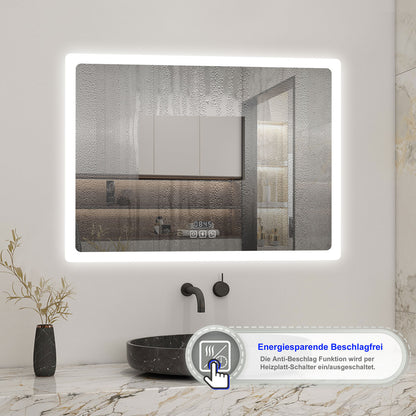 70x50cm LED Badspiegel mit Bluetooth und Uhr,Badspiegel mit Beleuchtung,Touch,Beschlagfrei,Badezimmerspiegel mit 3 Lichtfarbe 2700-6500K Dimmbar,IP44