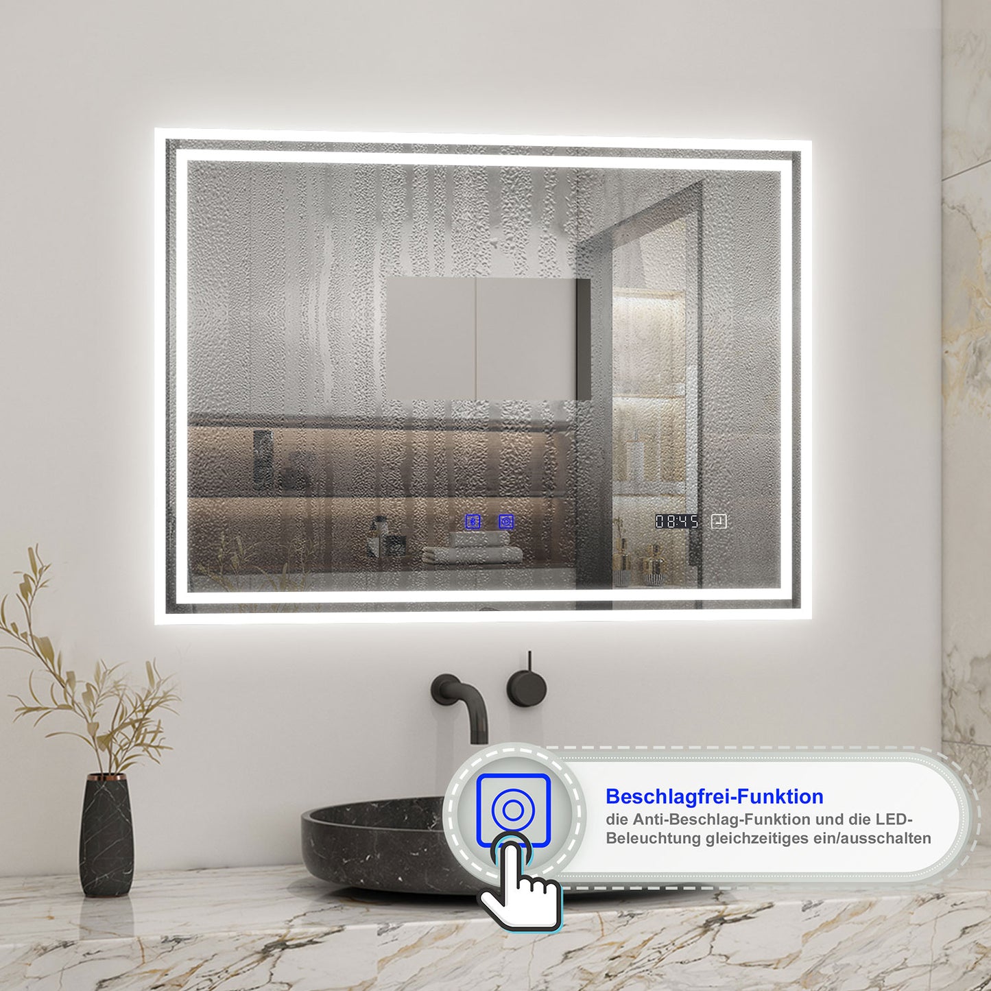 Badspiegel mit Beleuchtung 100x60cm LED Wandspiegel mit Touch,Bluetooth und Uhr,Badezimmerspiegel Beschlagfrei 3 Lichtfarbe 2700-6500K Dimmbar,IP44
