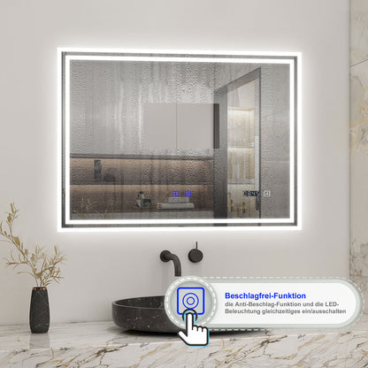 Badspiegel mit Beleuchtung 100x60cm LED Wandspiegel mit Touch,Bluetooth und Uhr,Badezimmerspiegel Beschlagfrei 3 Lichtfarbe 2700-6500K Dimmbar,IP44