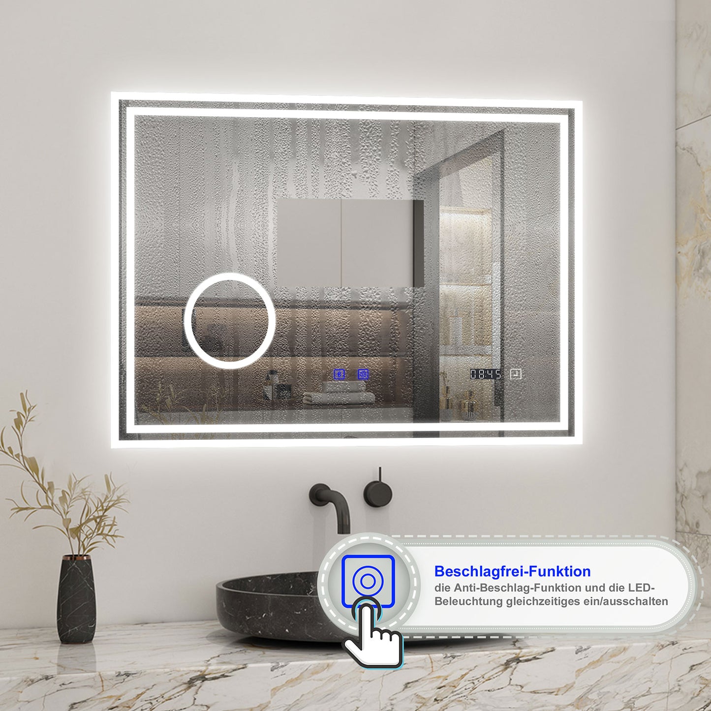 Badspiegel mit Beleuchtung 100x60cm LED Wandspiegel mit Bluetooth, Uhr,Touch und 3x Vergrößernder Kosmetikspiegel,Badezimmerspiegel Beschlagfrei 3 Lichtfarbe 2700-6500K Dimmbar,IP44