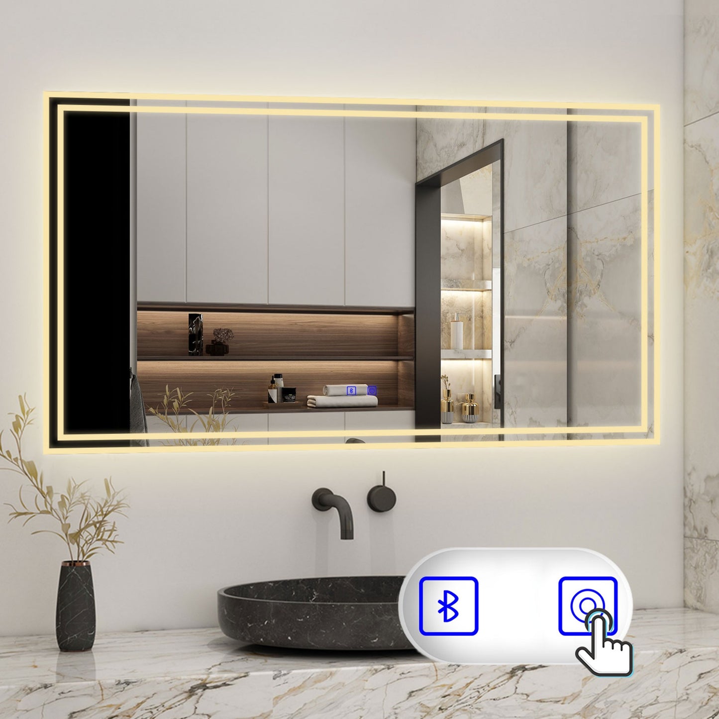 Badspiegel mit Beleuchtung 80x60cm LED Wandspiegel mit Touch und Bluetooth,Badezimmerspiegel Beschlagfrei 3 Lichtfarbe 2700-6500K Dimmbar,IP44