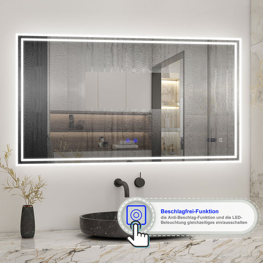 Badspiegel mit Beleuchtung 140x80cm LED Wandspiegel mit Touch,Bluetooth und Uhr,Badezimmerspiegel Beschlagfrei 3 Lichtfarbe 2700-6500K Dimmbar,IP44