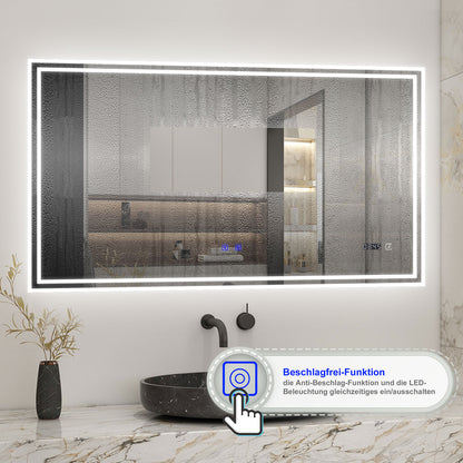 Badspiegel mit Beleuchtung 160x80cm LED Wandspiegel mit Touch,Bluetooth und Uhr,Badezimmerspiegel Beschlagfrei 3 Lichtfarbe 2700-6500K Dimmbar,IP44