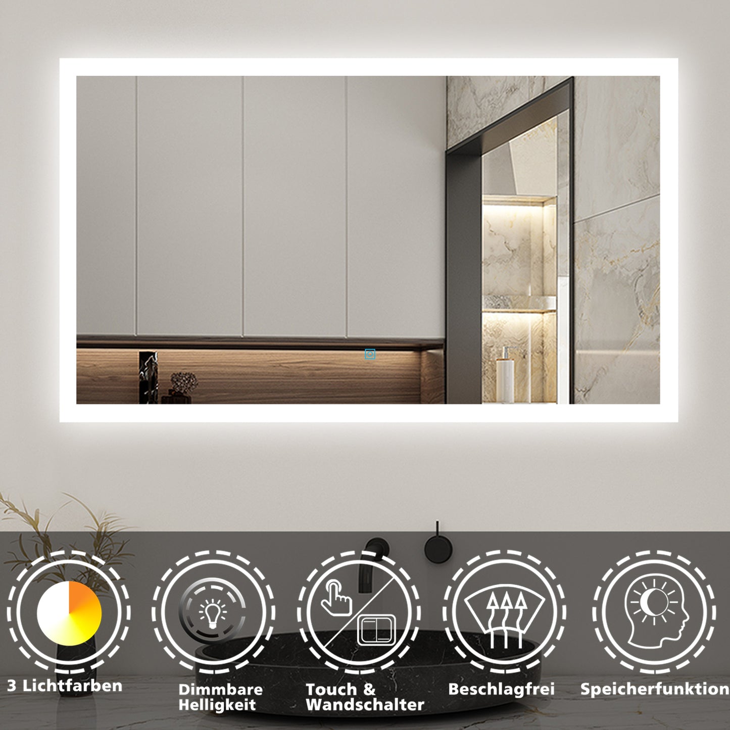 60x50cm LED Badspiegel mit Wandschalter/Touchschalter,Badspiegel mit Beleuchtung,Beschlagfrei,Badezimmerspiegel mit 3 Lichtfarbe 3000-6000K Dimmbar,IP44
