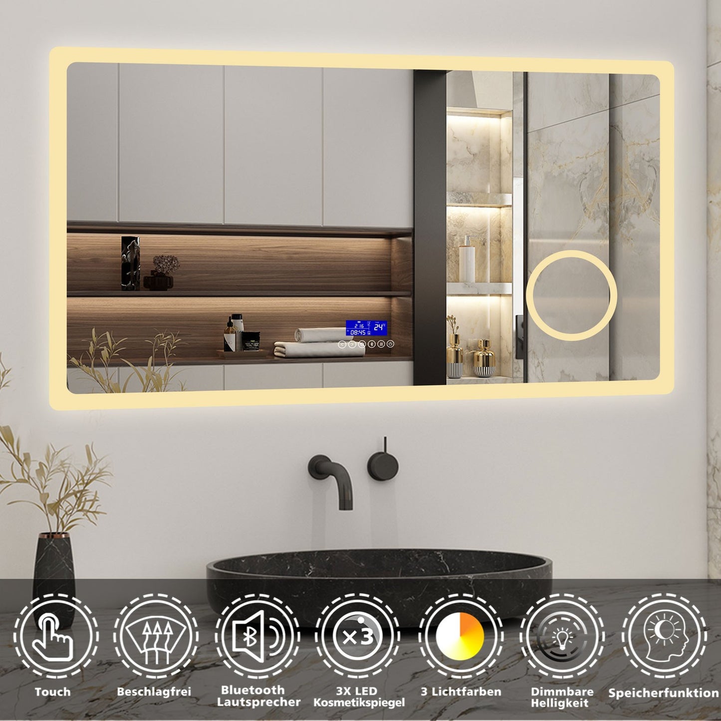 140x80cm LED Badspiegel mit Bluetooth,Touch und 3x Vergrößernder Kosmetikspiegel,Badspiegel mit Beleuchtung,Beschlagfrei,Badezimmerspiegel mit 3 Lichtfarbe 2700-6500K Dimmbar,IP44