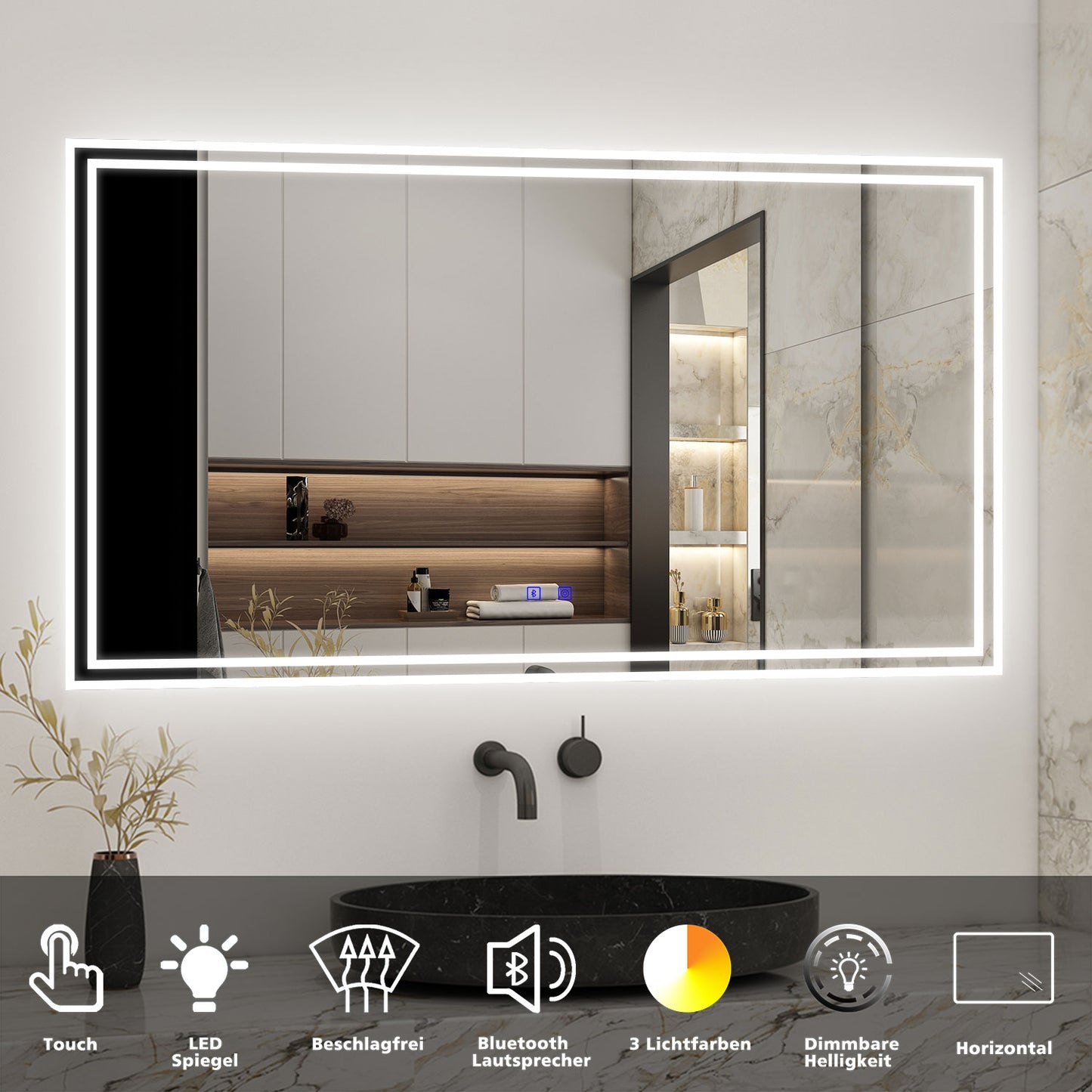 Badspiegel mit Beleuchtung 120x70cm LED Wandspiegel mit Touch und Bluetooth,Badezimmerspiegel Beschlagfrei 3 Lichtfarbe 2700-6500K Dimmbar,IP44