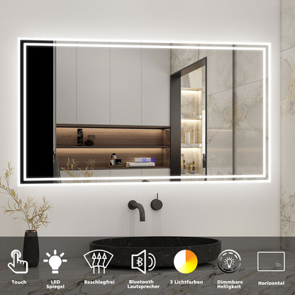 Badspiegel mit Beleuchtung 120x70cm LED Wandspiegel mit Touch und Bluetooth,Badezimmerspiegel Beschlagfrei 3 Lichtfarbe 2700-6500K Dimmbar,IP44