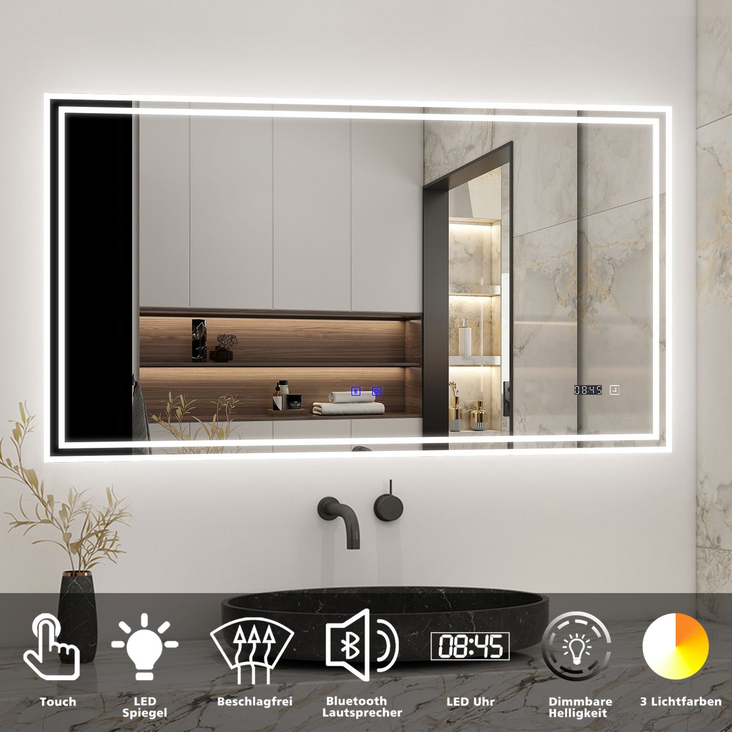 Badspiegel mit Beleuchtung 160x80cm LED Wandspiegel mit Touch,Bluetooth und Uhr,Badezimmerspiegel Beschlagfrei 3 Lichtfarbe 2700-6500K Dimmbar,IP44