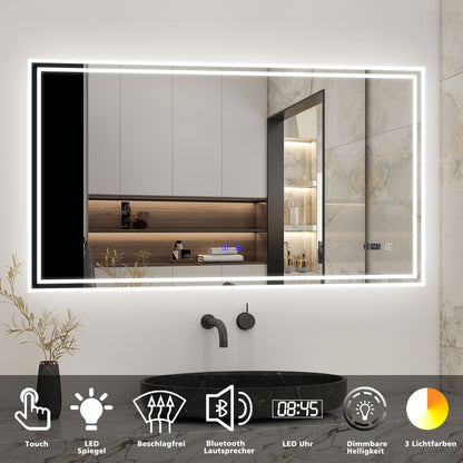Badspiegel mit Beleuchtung 160x80cm LED Wandspiegel mit Touch,Bluetooth und Uhr,Badezimmerspiegel Beschlagfrei 3 Lichtfarbe 2700-6500K Dimmbar,IP44