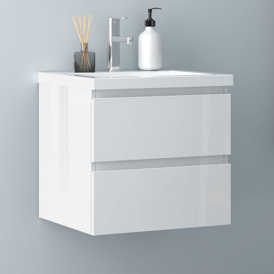 Badezimmermöbel 50cm Keramik Waschtisch mit Unterschrank Badmöbel set Badezimmerschränke mit 2 Soft-Close Schubladen Hochglanz Weiß