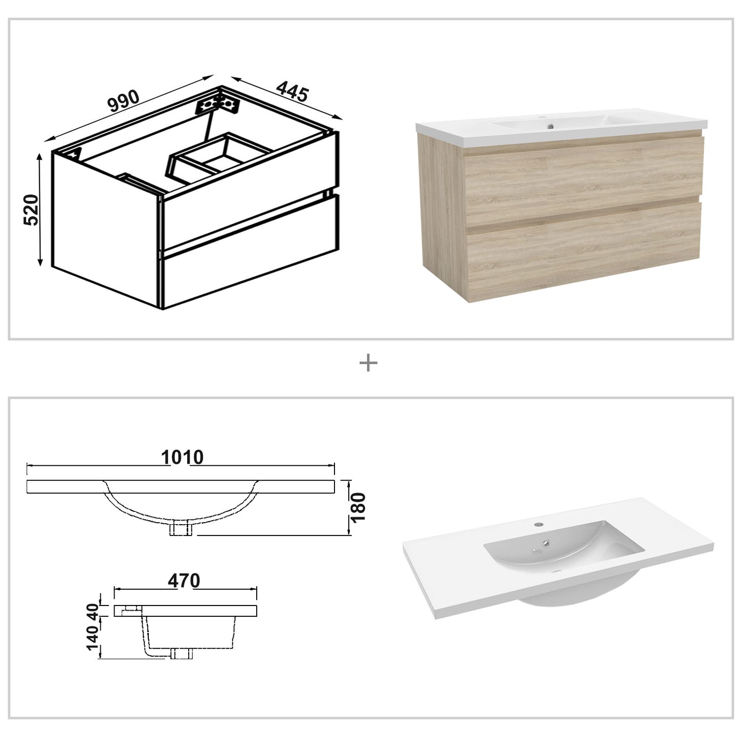 Badezimmermöbel 100cm Mineralguss Waschtisch mit Unterschrank Badmöbel set Badezimmerschränke mit 2 Soft-Close Schubladen Eiche Matt