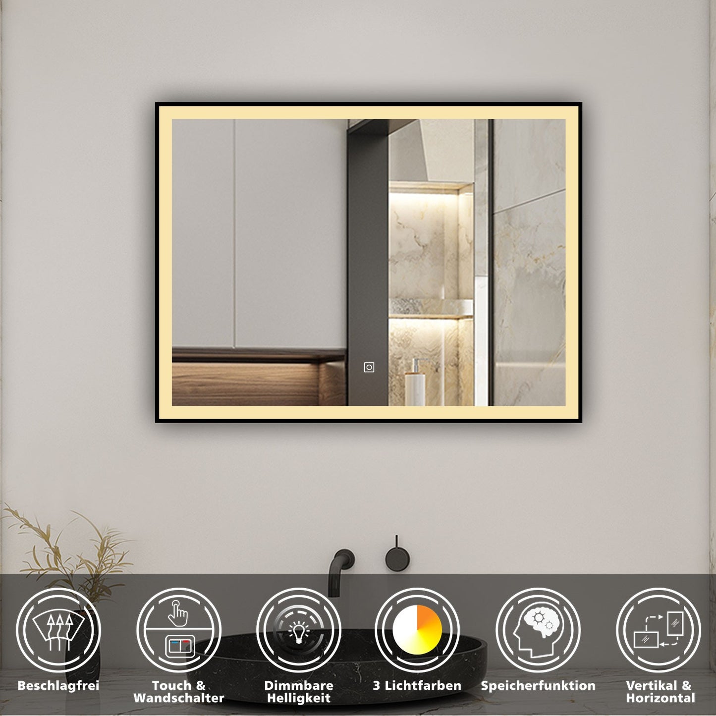 LED Wandspiegel 80x60cm Beschlagfrei Touch/Wandschalter 3 Lichtfarbe +Dimmbar Badspiegel mit Beleuchtung Badezimmerspiegel mit Schwarz Rahmen IP44