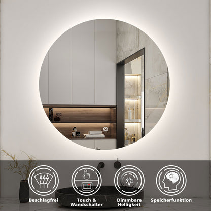 LED Badspiegel Rund 90cm Wand/Touchschalter Beschlagfrei Kaltweiß Dimmbar Badspiegel mit Beleuchtung Badezimmerspiegel Lichtspiegel IP44