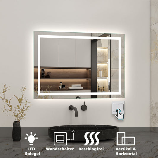 Badspiegel mit Beleuchtung 140x80cm LED Wandspiegel mit Wand-Schalter Beschlagfrei Lichtspiegel Badezimmerspiegel Kaltweiß IP44