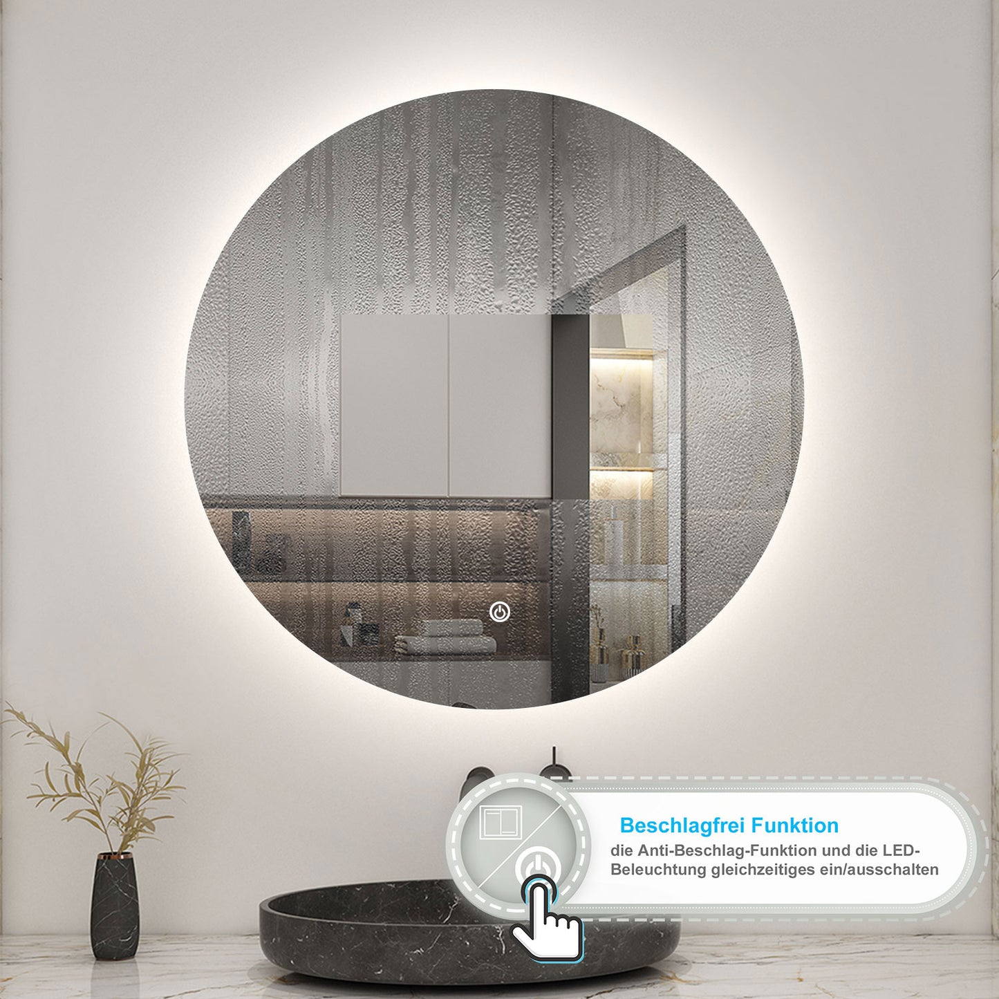 LED Badspiegel Rund 100cm Wand/Touchschalter Beschlagfrei Kaltweiß Dimmbar Badspiegel mit Beleuchtung Badezimmerspiegel Lichtspiegel IP44