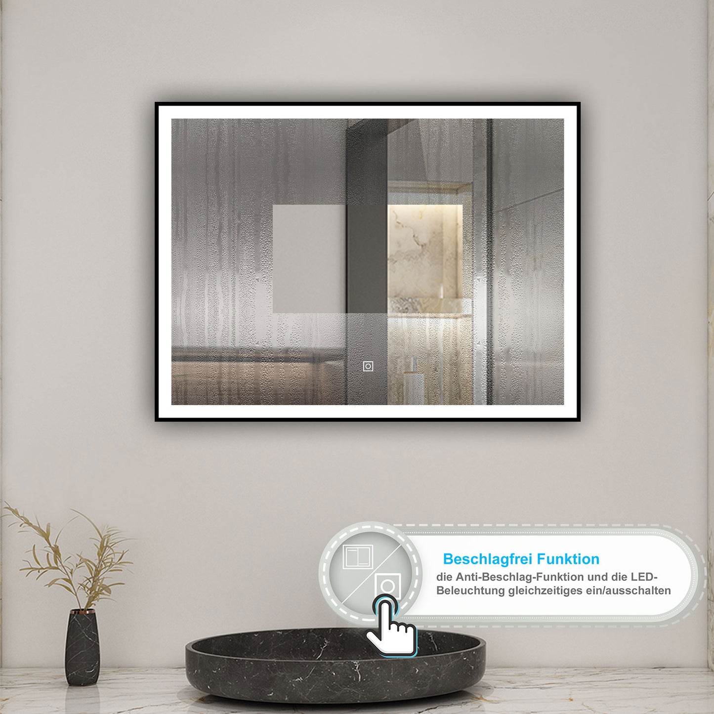 LED Wandspiegel 80x60cm Beschlagfrei Touch/Wandschalter 3 Lichtfarbe +Dimmbar Badspiegel mit Beleuchtung Badezimmerspiegel mit Schwarz Rahmen IP44