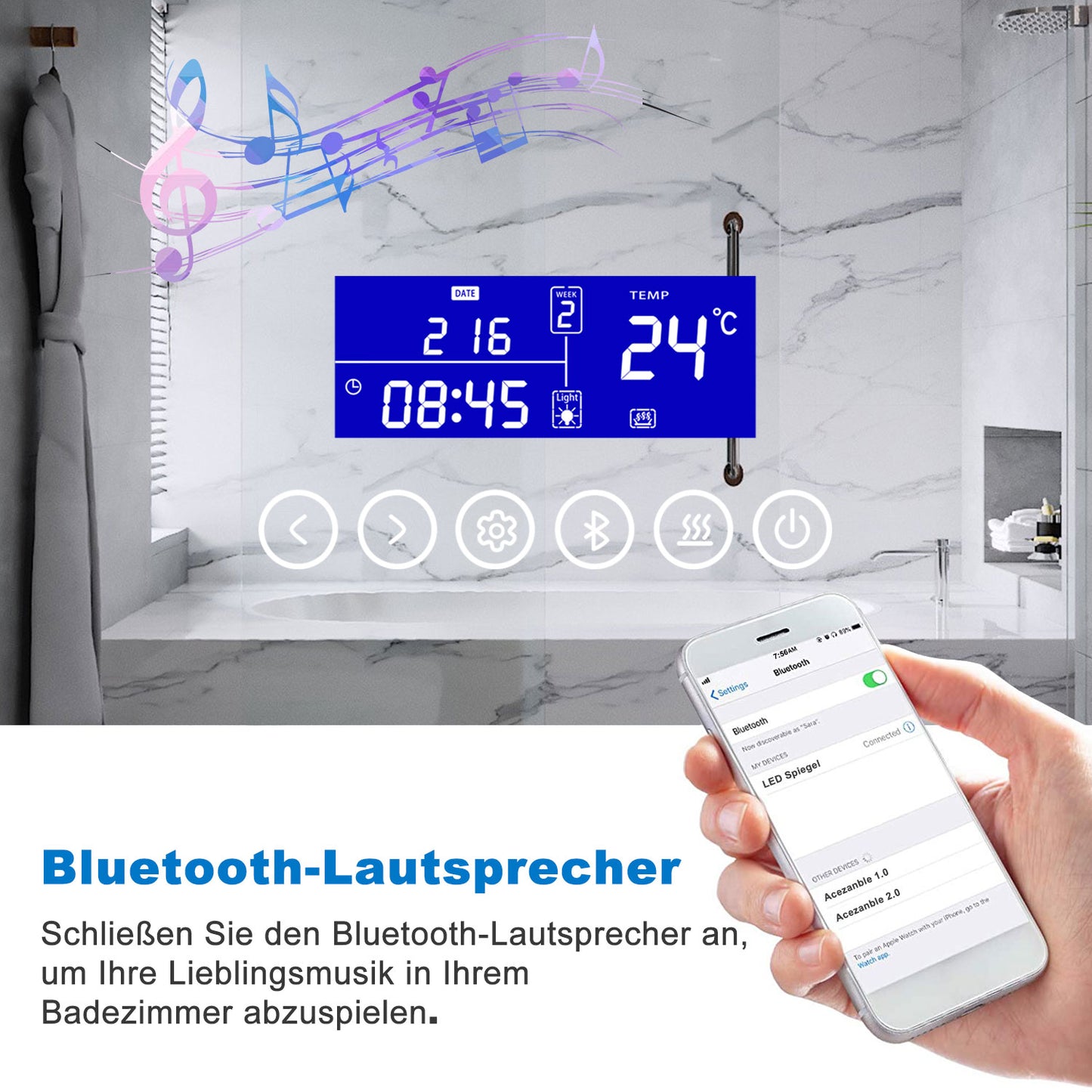 120x70cm LED Badspiegel mit Bluetooth,Touch und 3x Vergrößernder Kosmetikspiegel,Badspiegel mit Beleuchtung,Beschlagfrei,Badezimmerspiegel mit 3 Lichtfarbe 2700-6500K Dimmbar,IP44