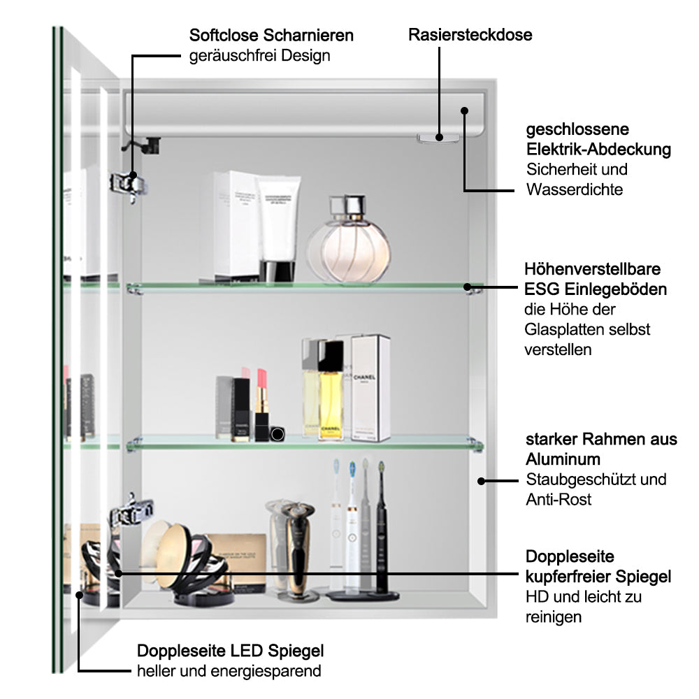 LED Spiegelschrank 60x80cm mit Wand/Touchschalter,Beschlagfrei,3 Lichtfarbe 2700-6500K Dimmbar und Rasier steckdose,Aluminium, Softclose