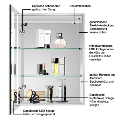 LED Spiegelschrank 60x80cm mit Wand/Touchschalter,Beschlagfrei,3 Lichtfarbe 2700-6500K Dimmbar und Rasier steckdose,Aluminium, Softclose
