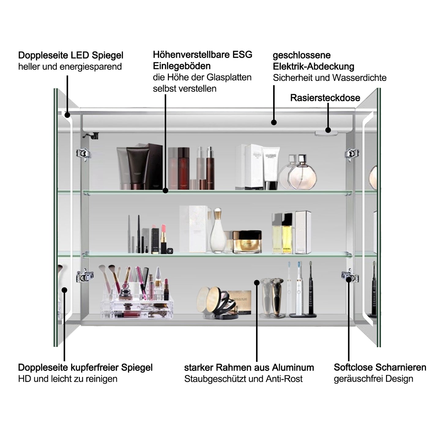 LED Spiegelschrank 80x60cm mit Wand/Touchschalter,Beschlagfrei,3 Lichtfarbe 2700-6500K Dimmbar und Rasier steckdose,Aluminium, Softclose
