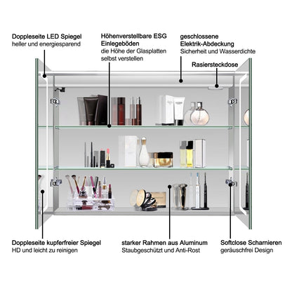 LED Spiegelschrank 80x60cm mit Wand/Touchschalter,Beschlagfrei,3 Lichtfarbe 2700-6500K Dimmbar und Rasier steckdose,Aluminium, Softclose