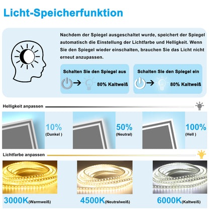 Badspiegel mit Beleuchtung 120x70cm LED Wandspiegel mit Touch und Bluetooth,Badezimmerspiegel Beschlagfrei 3 Lichtfarbe 2700-6500K Dimmbar,IP44