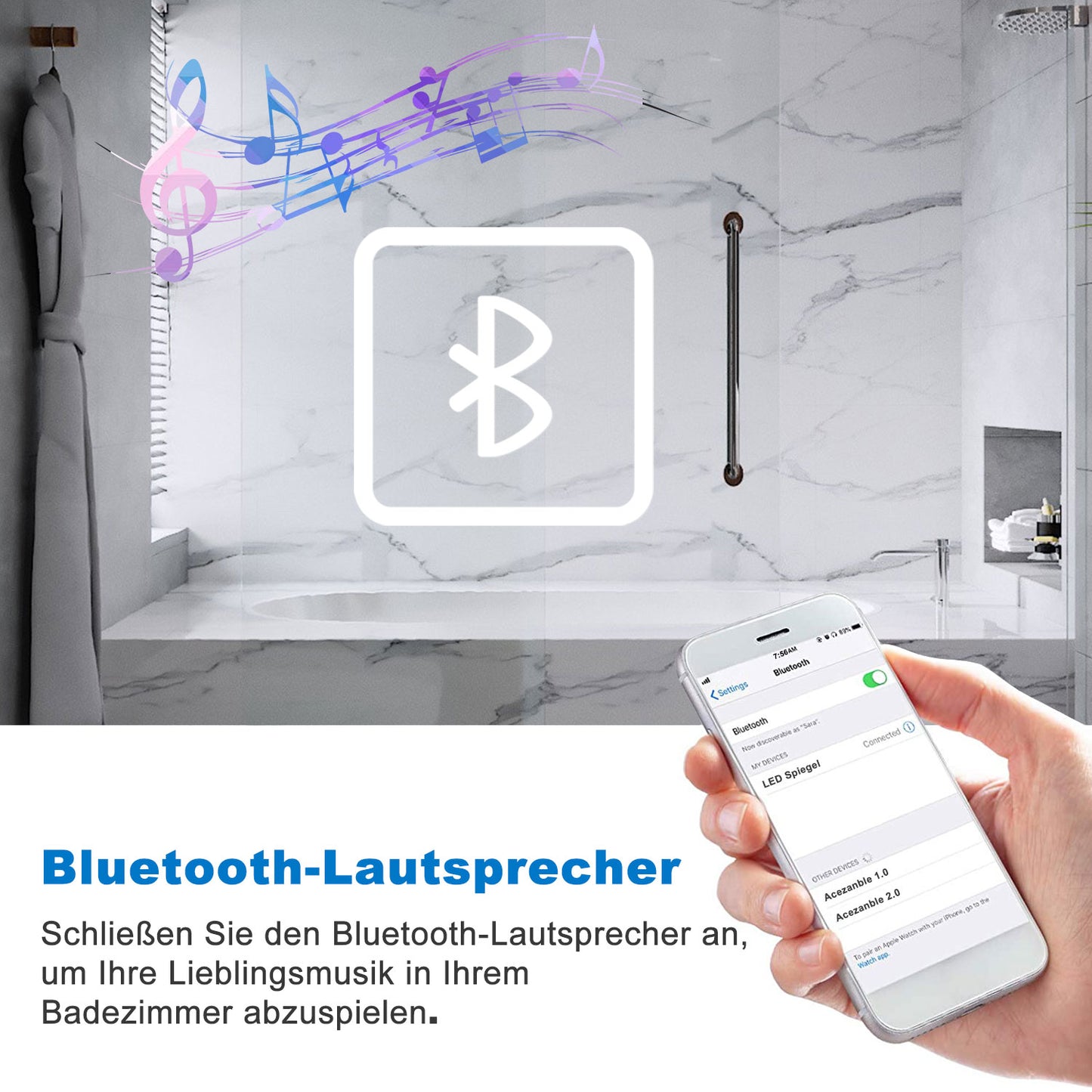 70x50cm LED Badspiegel mit Bluetooth und Uhr,Badspiegel mit Beleuchtung,Touch,Beschlagfrei,Badezimmerspiegel mit 3 Lichtfarbe 2700-6500K Dimmbar,IP44